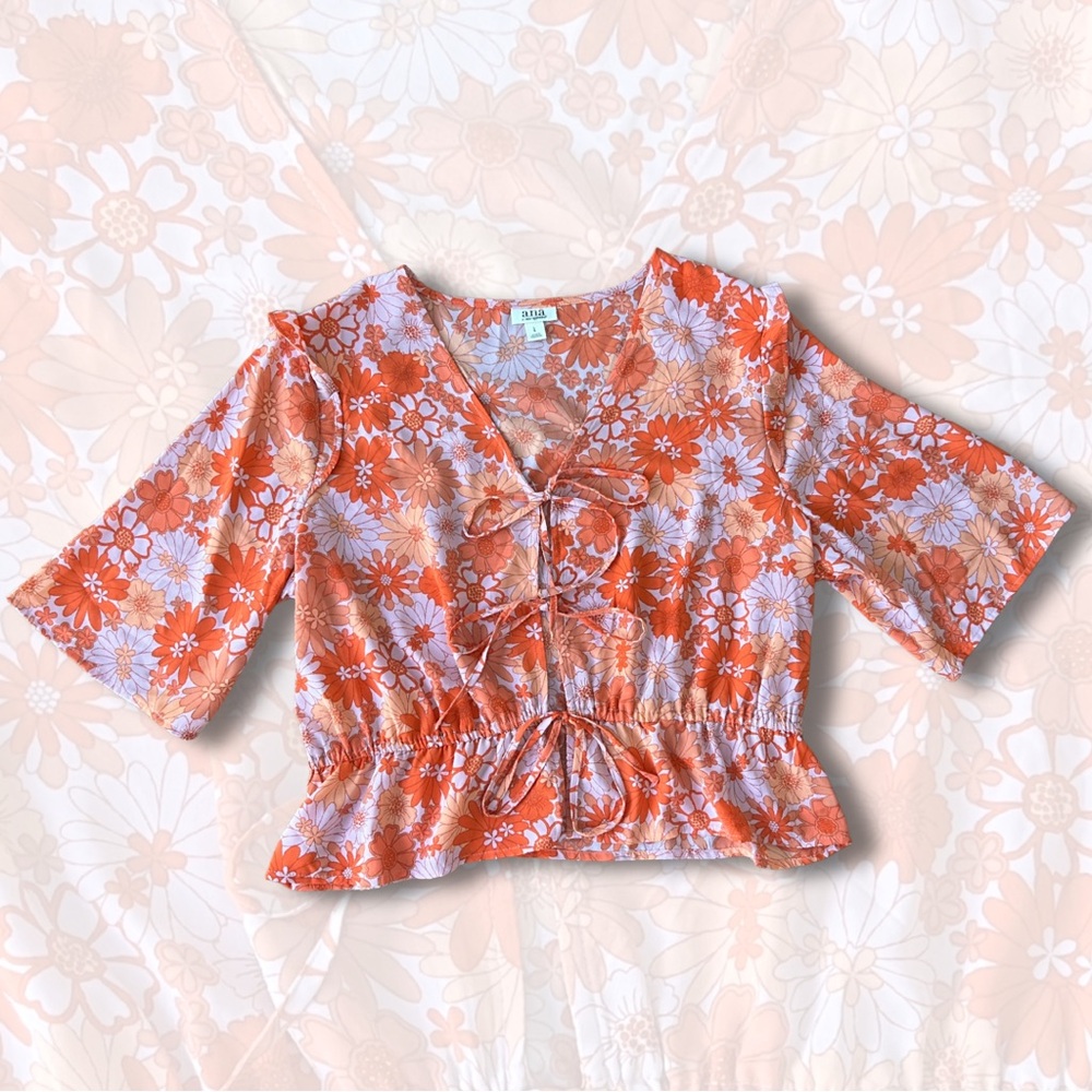 a.n.a Orange Floral Lace-Up Blouse